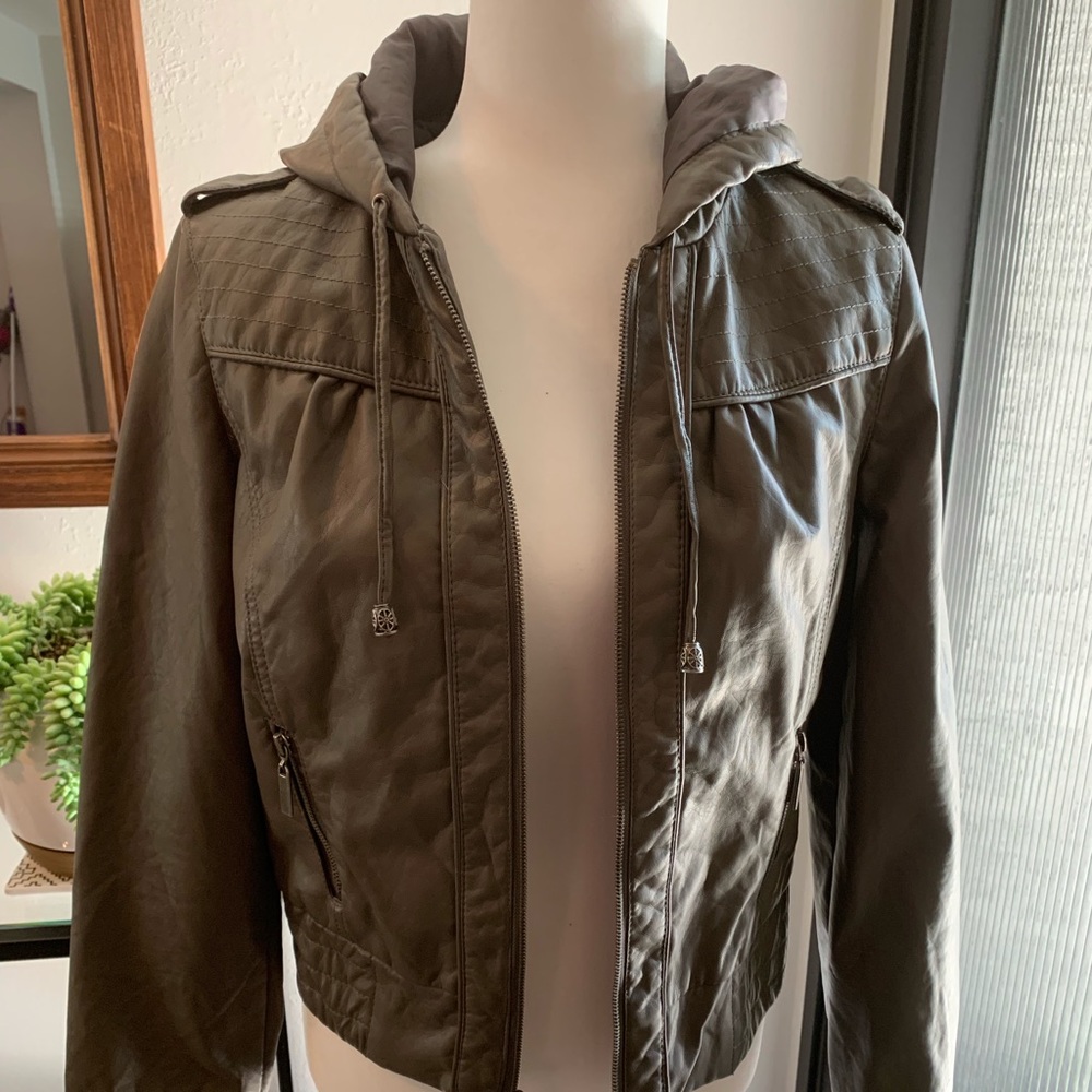 Paris Blues Faux Leather Gray Hooded Jacket